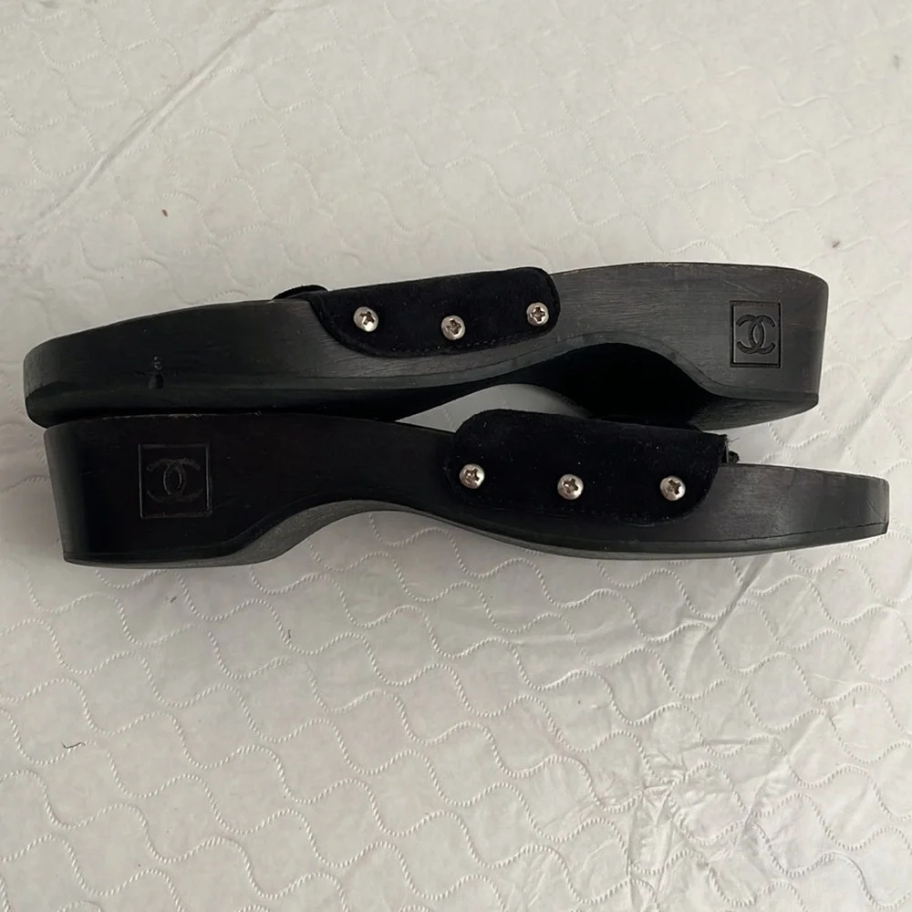 Chanel 2000s black wood slide logo sandals